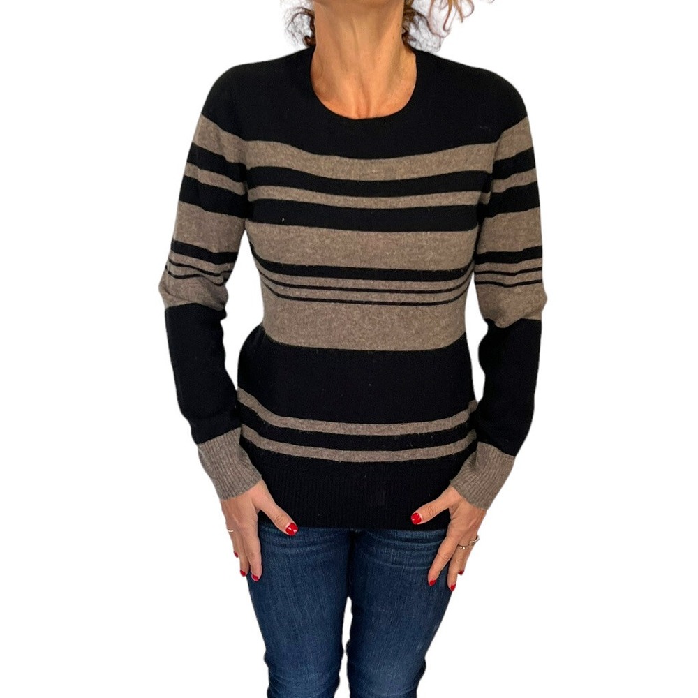 KOKUN LUXURY 100% CASHMERE BLACK BROWN STRIPED PULLOVER JUMPER SWEATER M